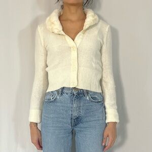Faux Fur Collar Cropped Cardigan Cream White